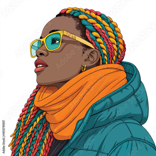 A vibrant portrait of a young woman adorned with multicolored braids and a voluminous puffer scarf, showcasing a modern and fashionable winter style.