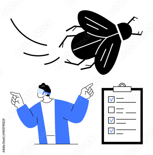 Flying insect near individual wearing a face mask pointing at analyzed checklist. Ideal for pest management, hygiene, inspection, tasks, health safety, to-do lists, simple landing page