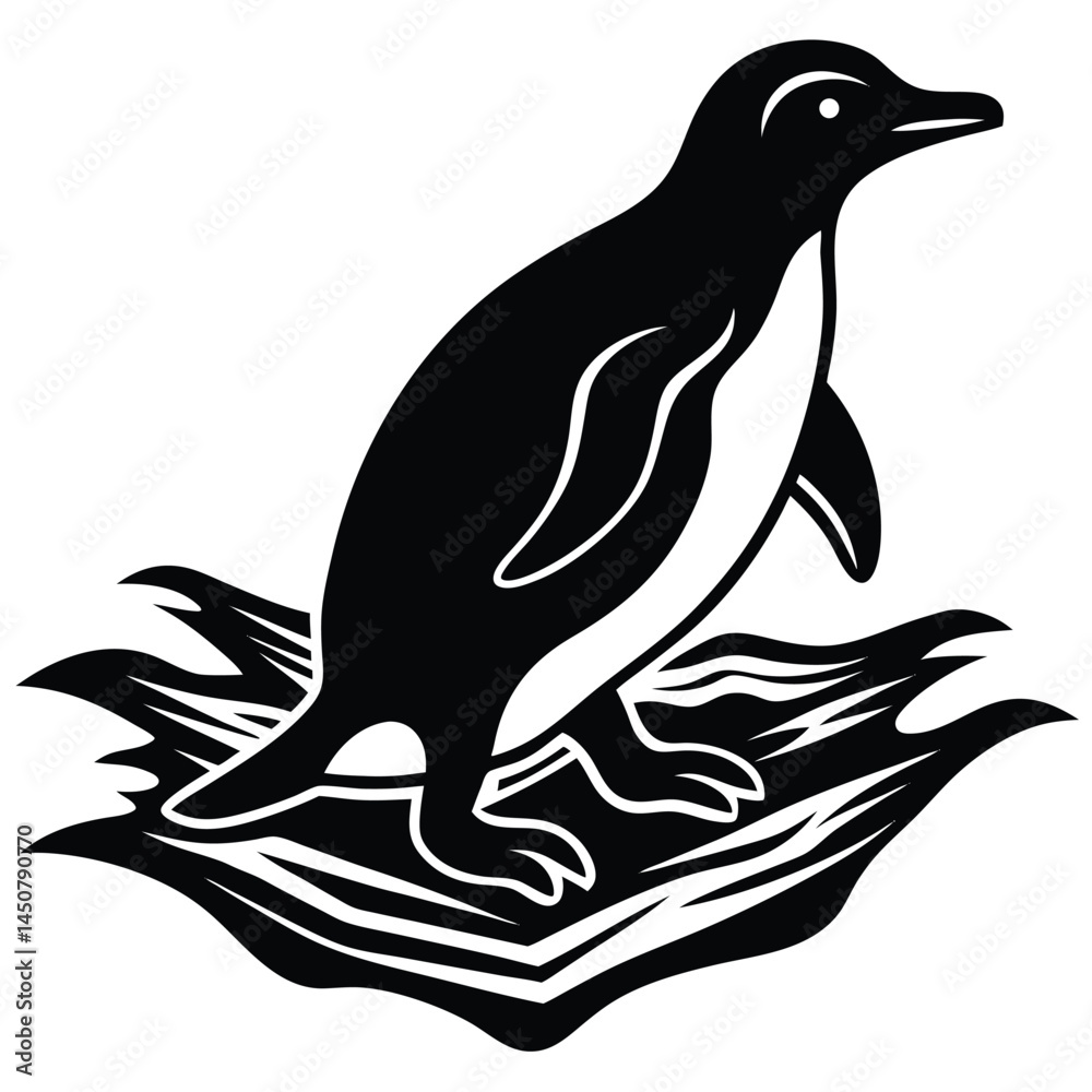 Fototapeta premium Black and White Penguin Illustration: Standing on Nest, Line Art, Wildlife, Vector Image