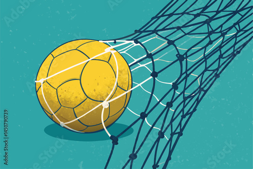 Create a bold, vector illustration of a soccer ball perfectly nestled in a net, capturing the precise moment of a goal.  Focus on sharp lines and vibrant colors.