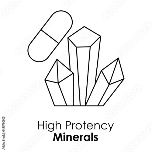  Vector icon for high potency minerals. Includes crystals and a capsule, symbolizing essential minerals for overall health and wellness.