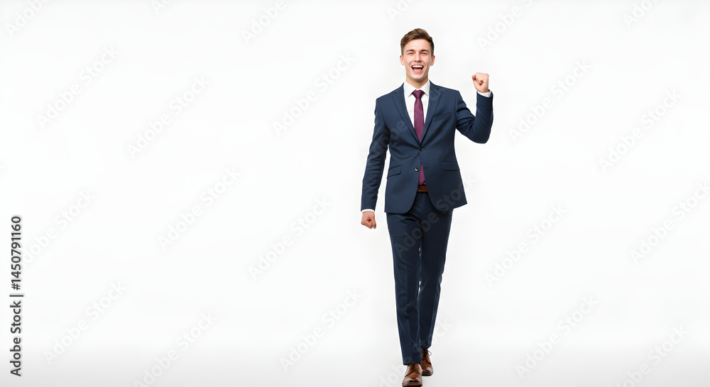 A confident businessman in a sharp suit celebrates with a triumphant fist, embodying success and achievement. A confident businessman in a sharp suit celebrates with a triumphant fist, embodying success and achievement.