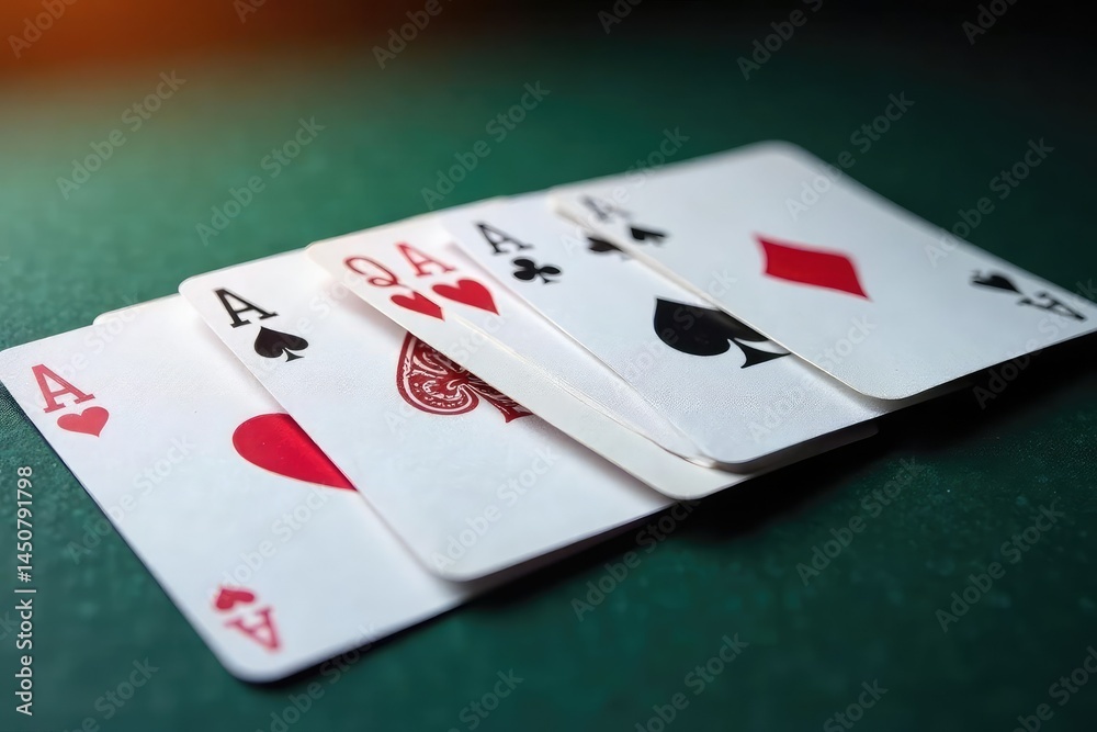 Obraz premium Playing cards arranged in a row showing ace of each suit , diamonds, image, gambling
