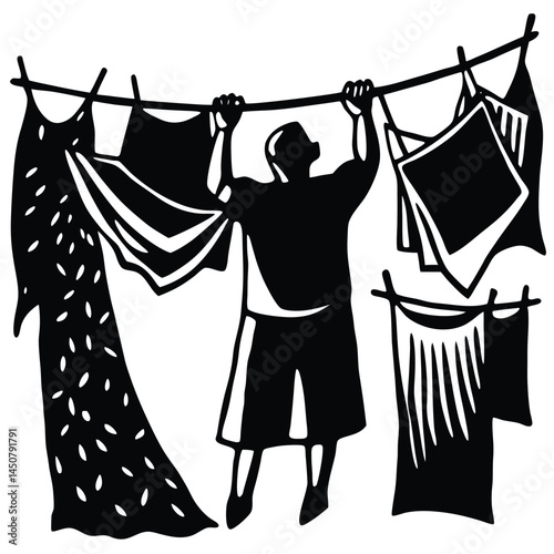 Black and White Woodcut: Man Hanging Laundry on Clothesline, Artistic Silhouette
