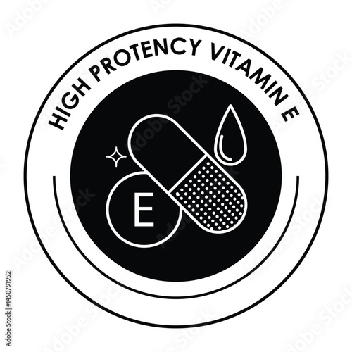 Vector icon for high potency Vitamin E. Features a capsule with a droplet and sparkle, symbolizing health and antioxidant properties.