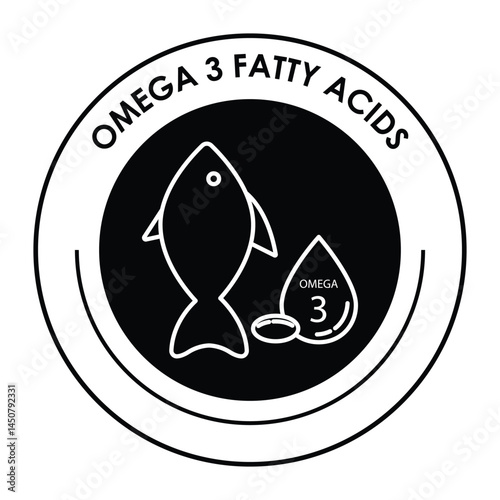 Vector icon for Omega-3 fatty acids. Displays an omega symbol with a drop, representing heart health, brain function, and essential nutrients.