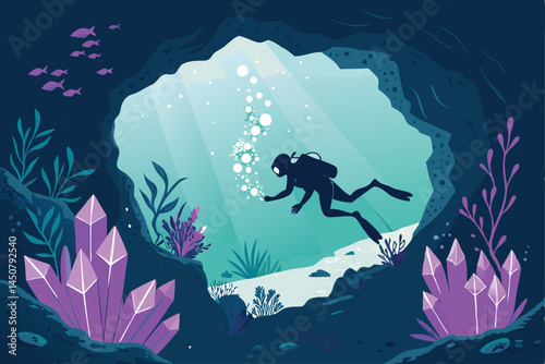 Create a bold, vector illustration of a scuba diver silhouetted within a stylized, mysterious uppercase 'U' shape, suggesting underwater exploration.