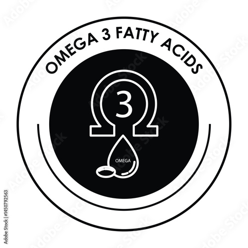 Vector icon for Omega-3 fatty acids. Displays an omega symbol with a drop, representing heart health, brain function, and essential nutrients.