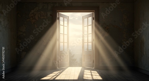 Golden Light Through Open Doors in an Abandoned Room