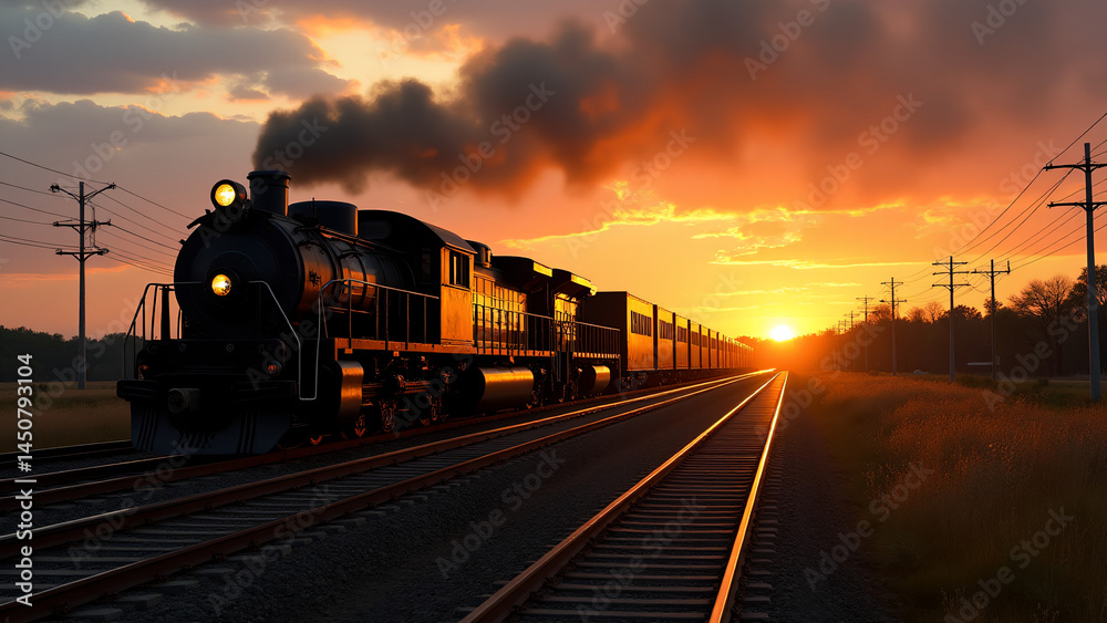 Fototapeta premium Dampflok bei Sonnenuntergang