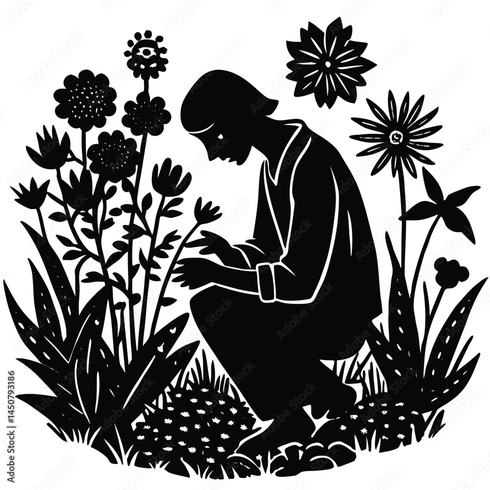 Black and White Silhouette: Person in Garden Admiring Flowers, Linocut Art Style Black and White Silhouette: Person in Garden Admiring Flowers, Linocut Art Style