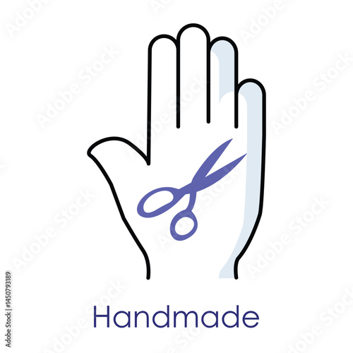 Vector icon for handmade crafts. Features a hand holding scissors symbolizing creativity and artisanal crafting.