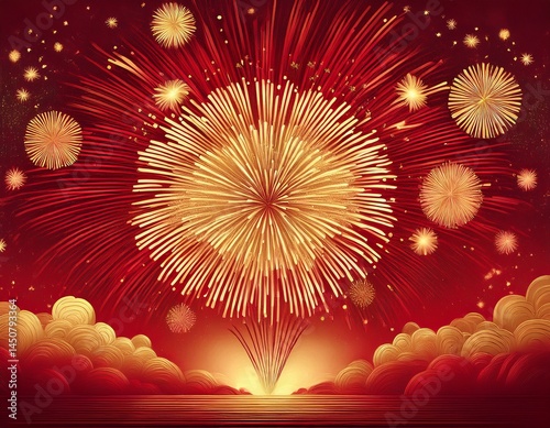 vivid golden fireworks erupt dramatically above a layered red and gold gradient vertical
