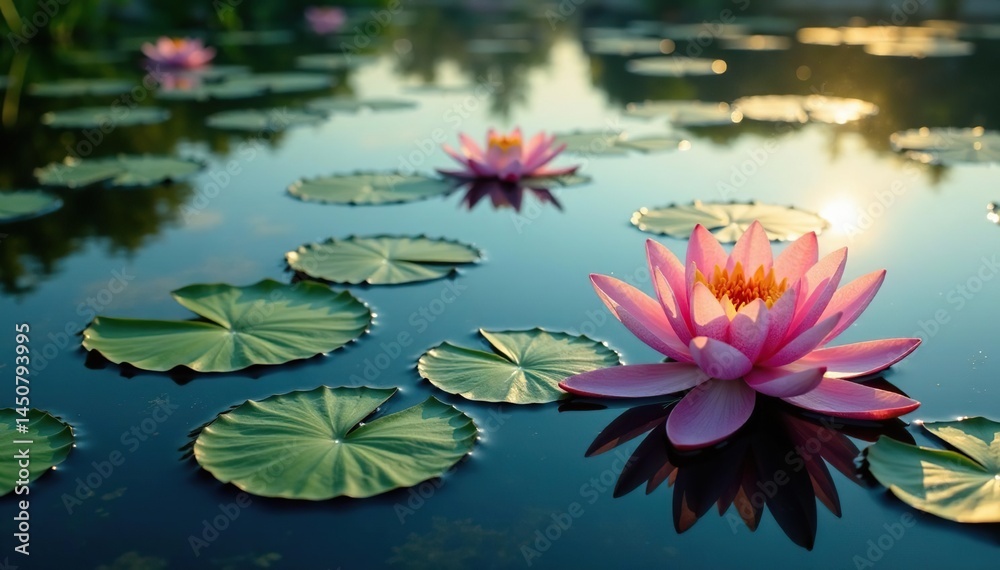 Water lilies create a floral pattern across a still lake , background, water, serene Water lilies create a floral pattern across a still lake , background, water, serene