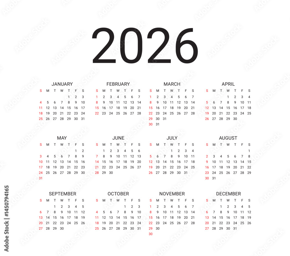 2026 Yearly Calendar Template Sunday Start, Clean Minimal Design suitable for printing, planning, scheduling, or digital use. Vector illustration 2026 Yearly Calendar Template Sunday Start, Clean Minimal Design suitable for printing, planning, scheduling, or digital use. Vector illustration