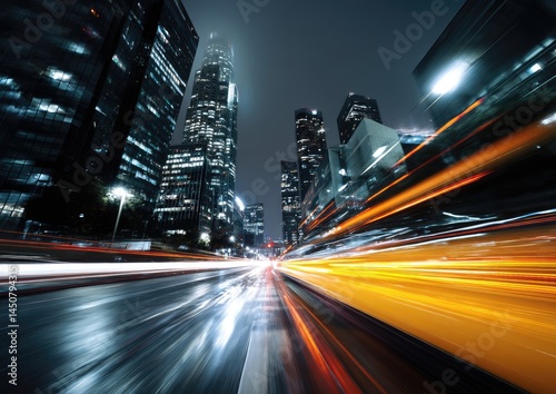 City street at night, illuminated by moving vehicles