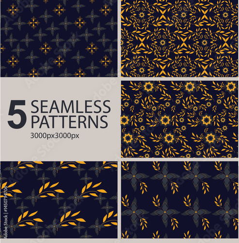 A luxury botanical vines floral seamless pattern bundle featuring a single motif with five elegant color variations, perfect for sophisticated fabric prints, wallpapers, and upscale design projects