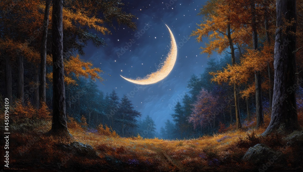 A crescent moon shines brightly above a path into the deep forest at night A crescent moon shines brightly above a path into the deep forest at night