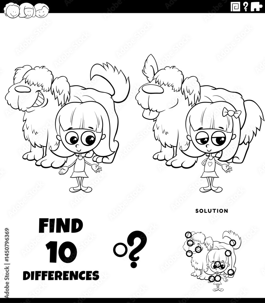 differences puzzle with cartoon girl and her shaggy dog coloring page