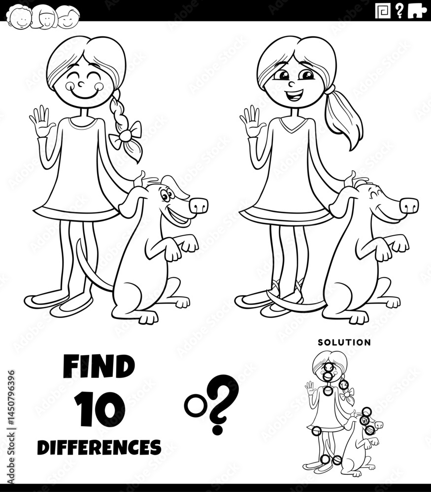 differences puzzle with cartoon girl and her dog coloring page