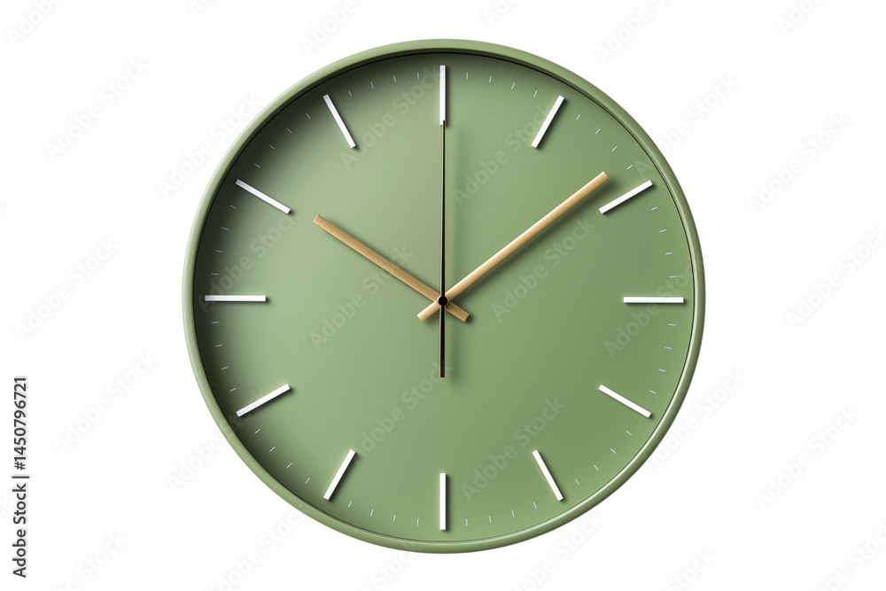 Close up of a round green clock with wooden hands against a in studio shot transparent background png Close up of a round green clock with wooden hands against a in studio shot transparent background png