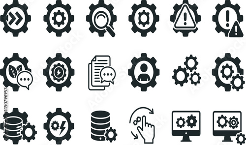Gear, settings icon set. Vector glyph pictograms of cogwheel, wrench, optimization, process, system update, configuration, maintenance, automation concept black silhouette 