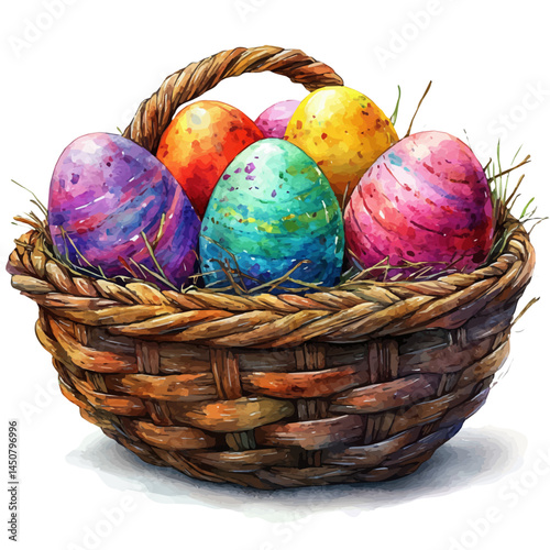 illustration of Easter Eggs In A Basket, watercolor vector, isolated on a white background.