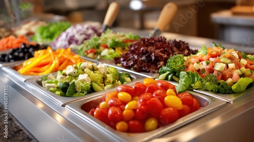 A salad bar with colorful fresh ingredients, including tomatoes, greens, peppers, and olives