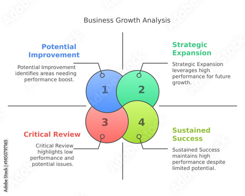 Business Growth Analysis: An insightful infographic showcasing the key areas of business growth analysis, including potential improvement, strategic expansion, critical review, and sustained success.