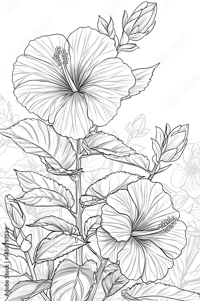 Two hibiscus flowers outlined with detailed leaves Generative AI Two hibiscus flowers outlined with detailed leaves Generative AI