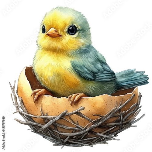 Easter Chick Hatching From Egg, watercolor vector, isolated on a white background.