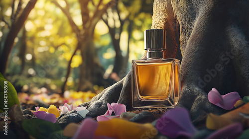 Luxury perfume bottle on forest floor with flower petals and tree roots photo