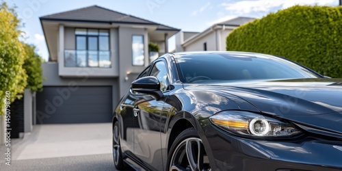 Gray car parked in front of a modern gray house with a gray garage door