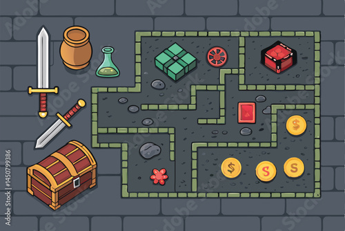 Create a detailed vector map of a fantasy gaming dungeon, including scattered swords, a pot, and other game items.  Illustrate a dark, atmospheric environment.