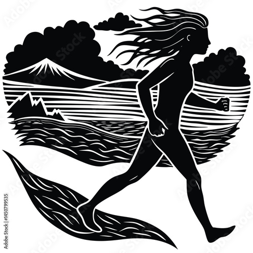 Silhouette of Woman Running on Leaf with Mountain Landscape in Woodcut Style