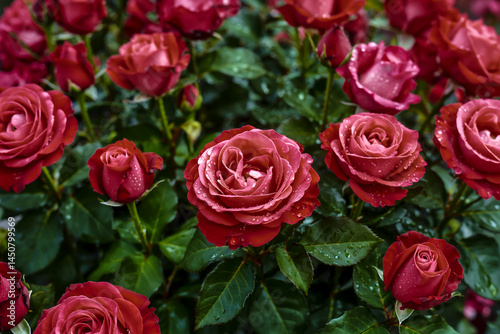 Close-up of vibrant red roses in full bloom with dewy water droplets, lush petals, soft lighting, and green leaves, creating a vivid, lush scene