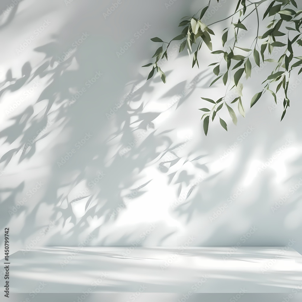 Leaves casting shadows on a bright wall, minimalistic, serene atmosphere, natural decor, peaceful setting