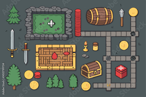 Create a detailed vector map of a fantasy gaming dungeon, including pathways, rooms,  treasure chests, swords, a pot, and other game items.  Illustrate a dark, mysterious atmosphere.