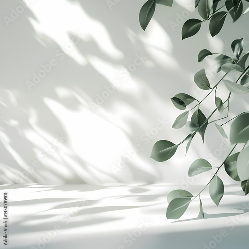 Soft light greenery casting artistic shadows on smooth white surface calm serene natural atmosphere