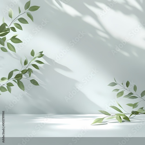 Minimalist scene with green leaves casting soft shadows on light surface, evokes tranquility and natural elegance