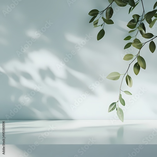 Serene minimalism leafy shadows, subdued light, crisp surface, calming natural interior ambiance
