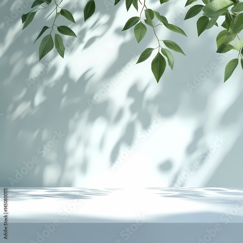 Sunlit leaves casting gentle shadows on a minimalist white surface creating a serene and natural atmosphere.