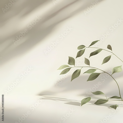Minimalist green branch with delicate leaves casting shadows on a beige surface, serene natural elegance.