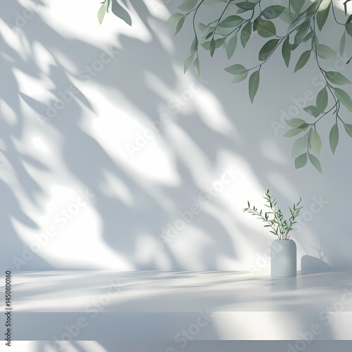Minimalist interior with soft plant shadows, green leaves, white vase on table, serene atmosphere, modern decor.