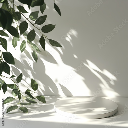 Minimalistic decor with sunlight casting leaf shadows over a round white platform, serene natural ambiance
