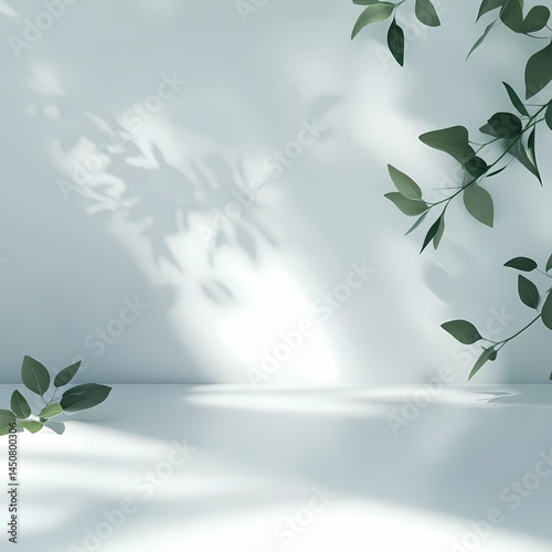 Tranquil minimalistic space with soft green leaves casting gentle shadows on a pristine white background