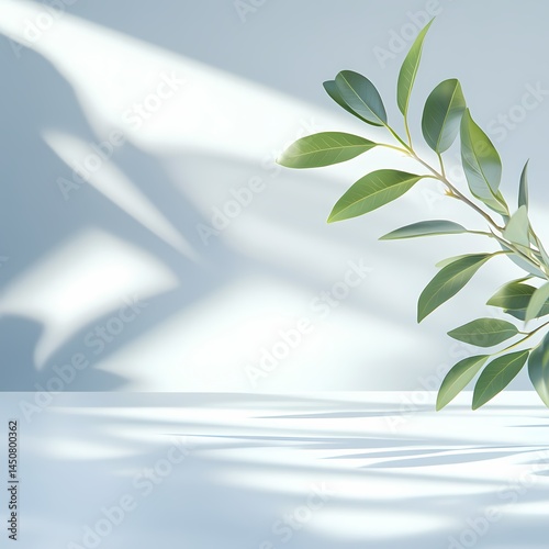 Minimalist composition leaf shadows on white surface serene natural light and botanical elements tranquility theme.