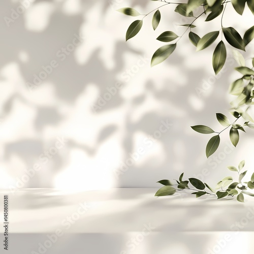 Sunlit leaves casting soft shadows on a bright white surface Nature tranquility peaceful minimalist design