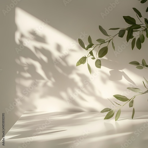 Green shadows on beige wall, leafy branches, serene minimalist vibe, natural light highlights, peaceful atmosphere.