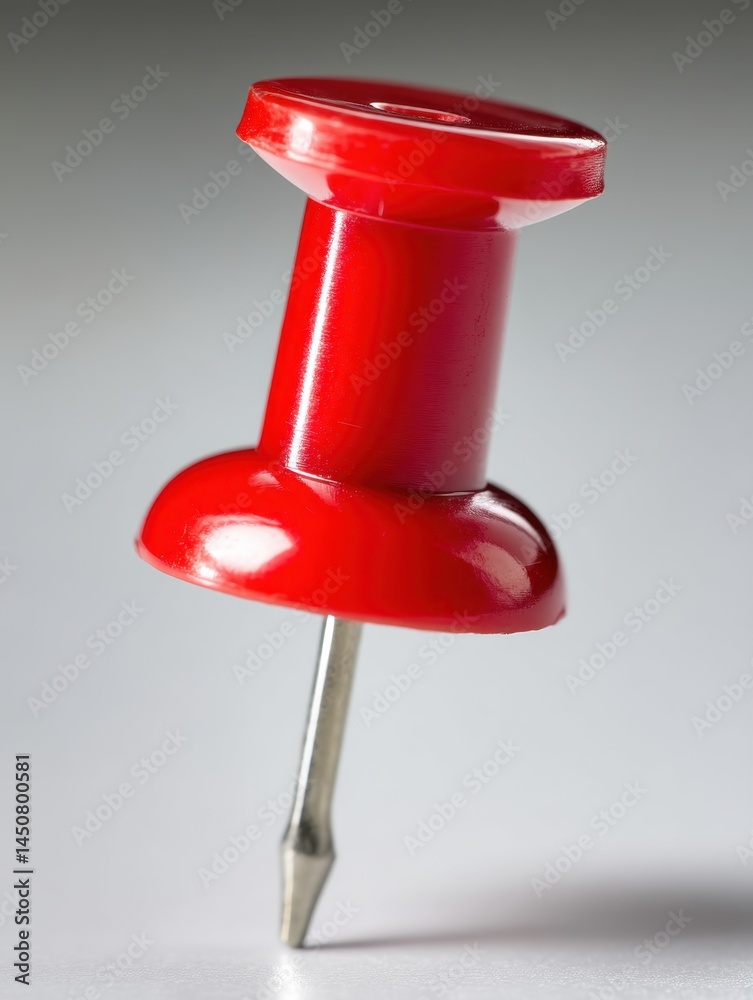 Close up of a vibrant red pushpin on a gray surface showcasing office supply detail and texture with shallow depth of field and a clean minimalist style Close up of a vibrant red pushpin on a gray surface showcasing office supply detail and texture with shallow depth of field and a clean minimalist style